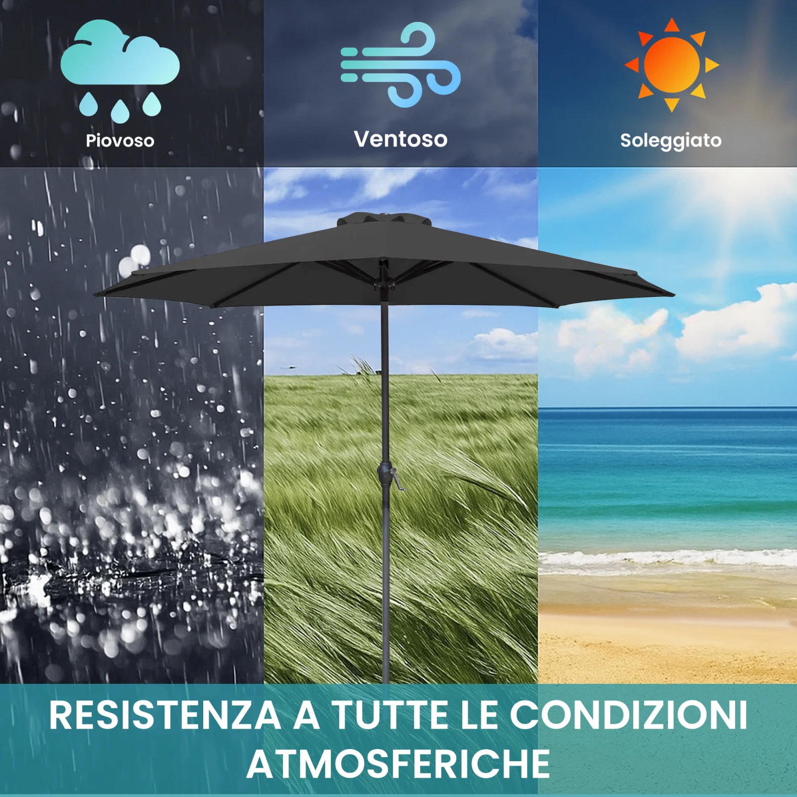 Ombrellone da giardino estensibile in diverse condizioni atmosferiche