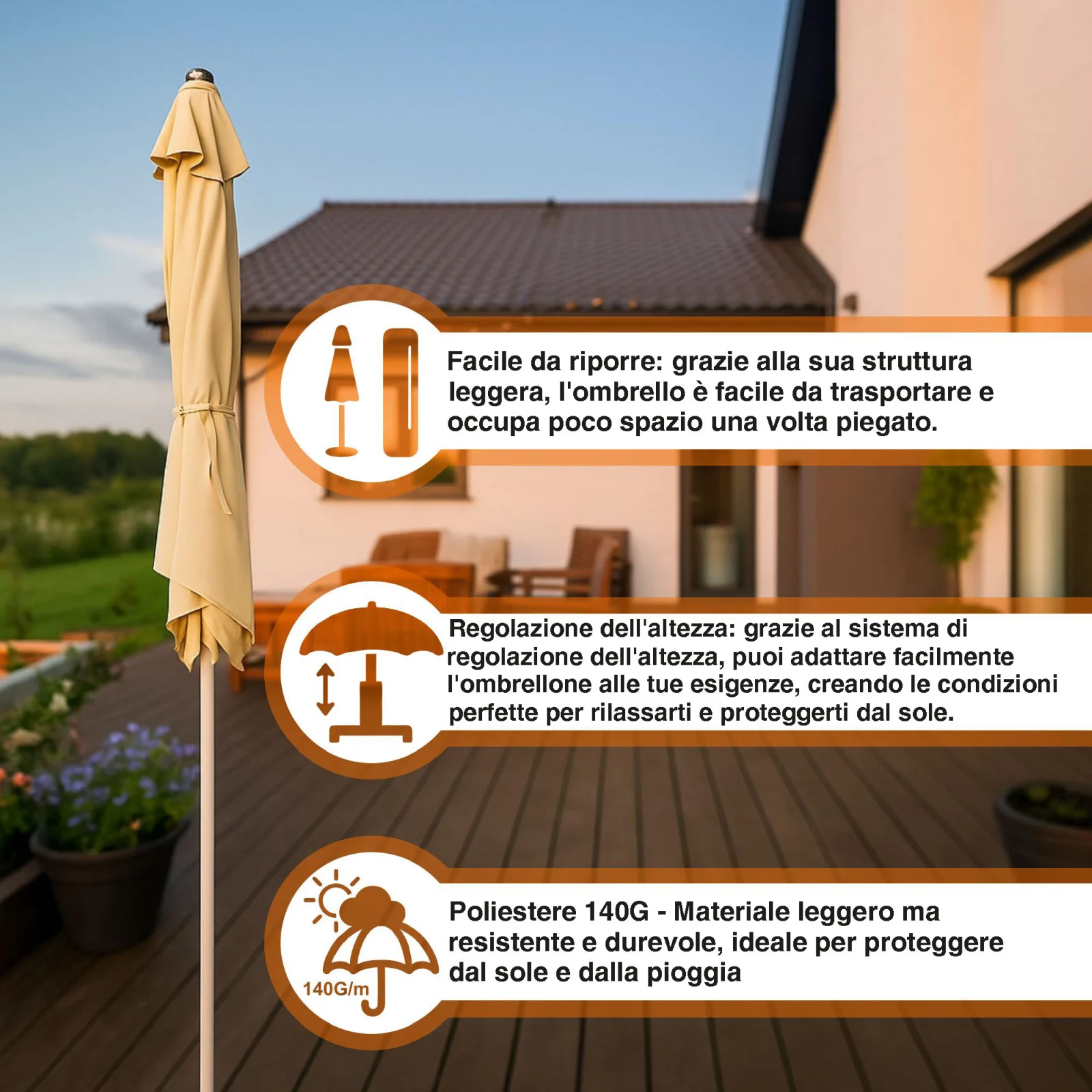 Foresta Nera | Ombrellone pieghevole da giardino | 2m beige