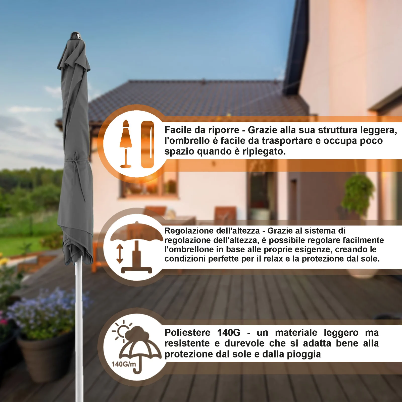 Foresta Nera | Ombrellone pieghevole | 1,8 m grigio