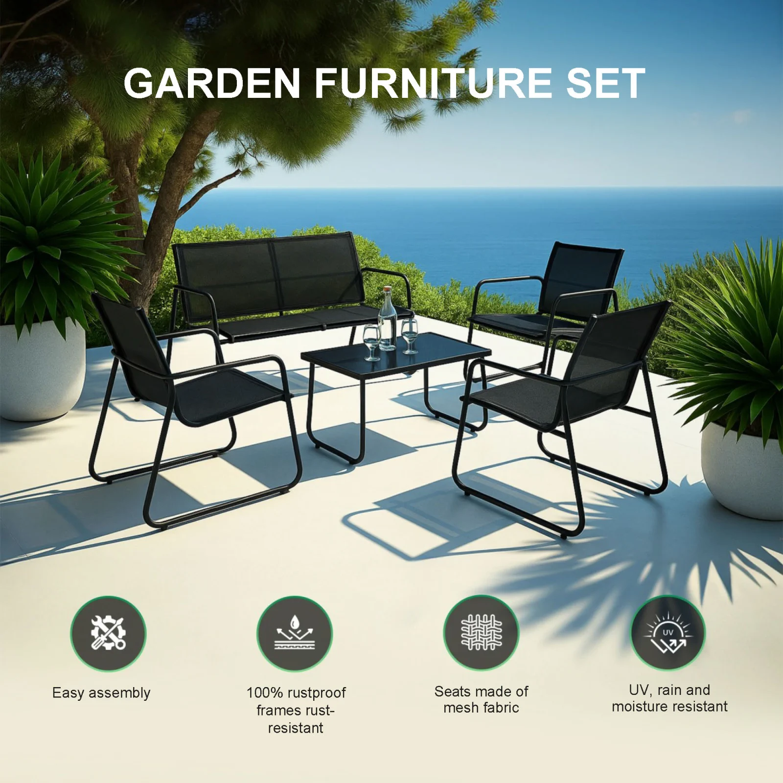 Black Forest | garden furniture set | textileen two chairs recliner table folding table black