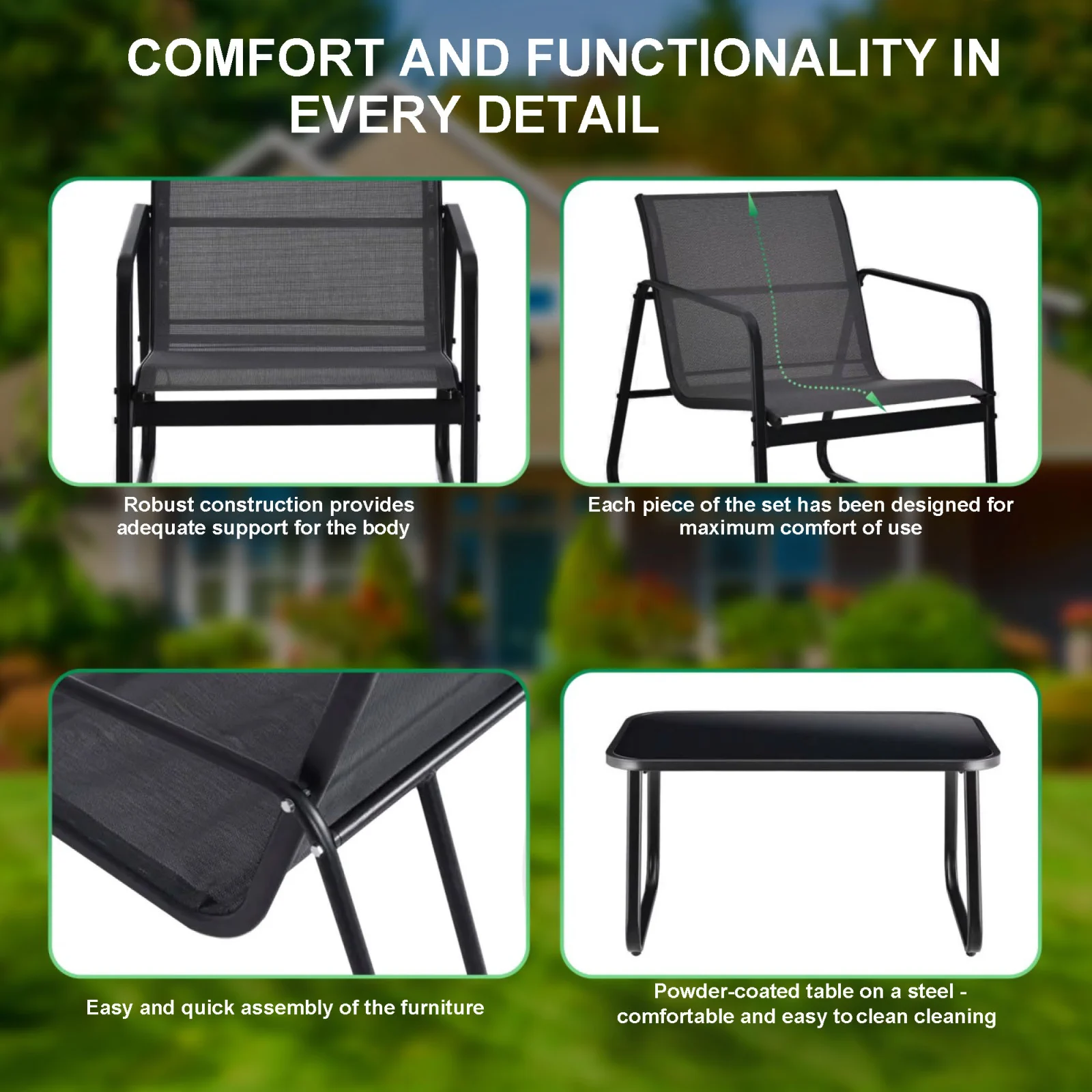 Black Forest | garden furniture set | textileen two chairs recliner table folding table black
