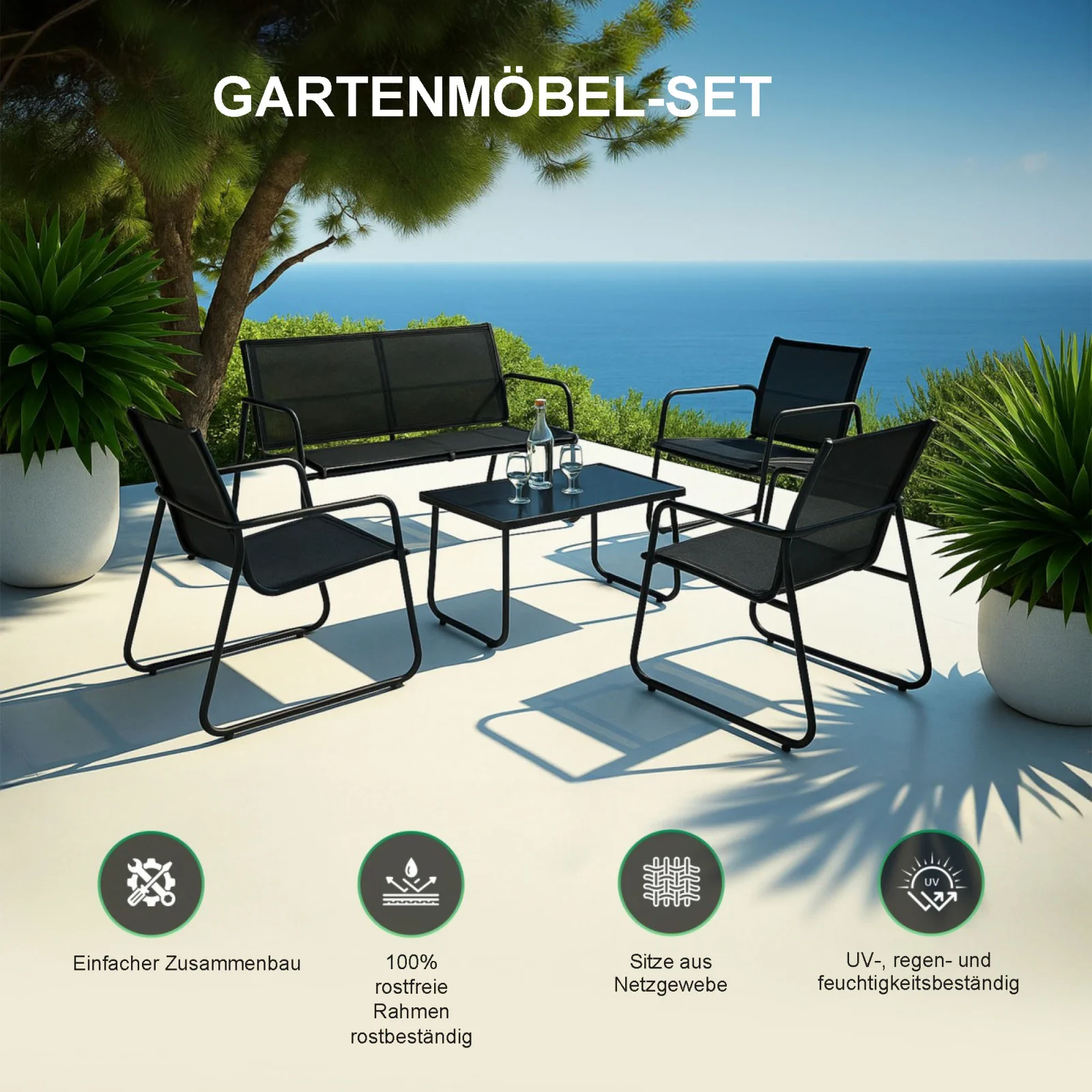 Black Forest | Gartenmöbel-Set | Textil zwei Stühle Liege Tisch Klapptisch schwarz