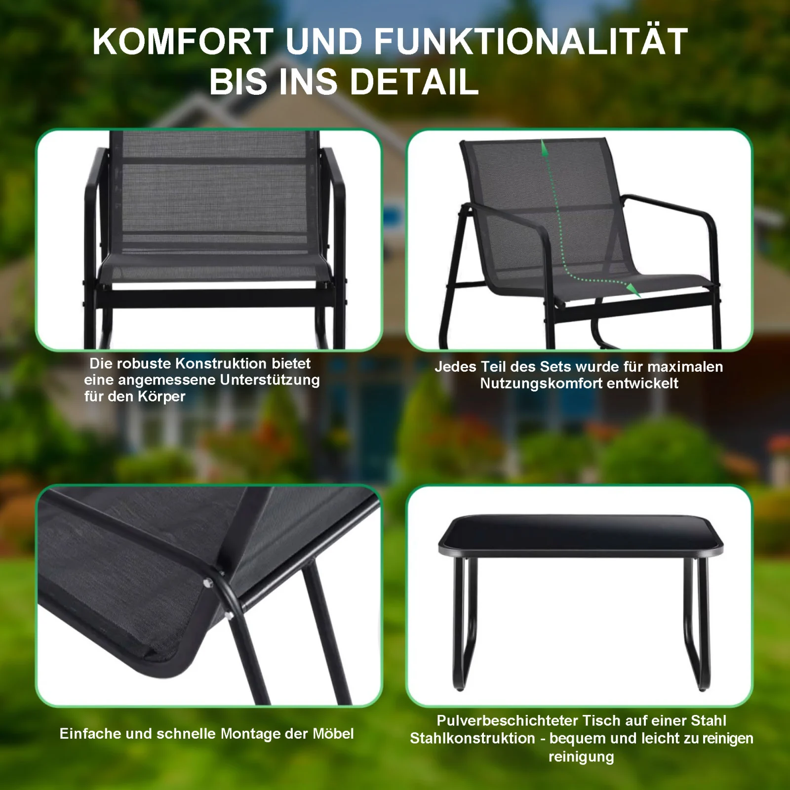 Black Forest | Gartenmöbel-Set | Textil zwei Stühle Liege Tisch Klapptisch schwarz