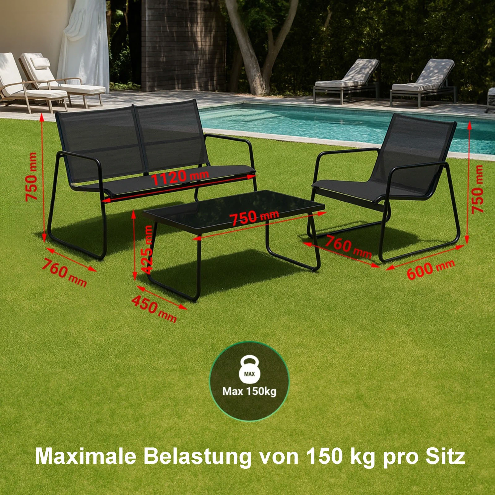 Black Forest | Gartenm&ouml;bel-Set | Textil zwei St&uuml;hle Liege Tisch Klapptisch schwarz