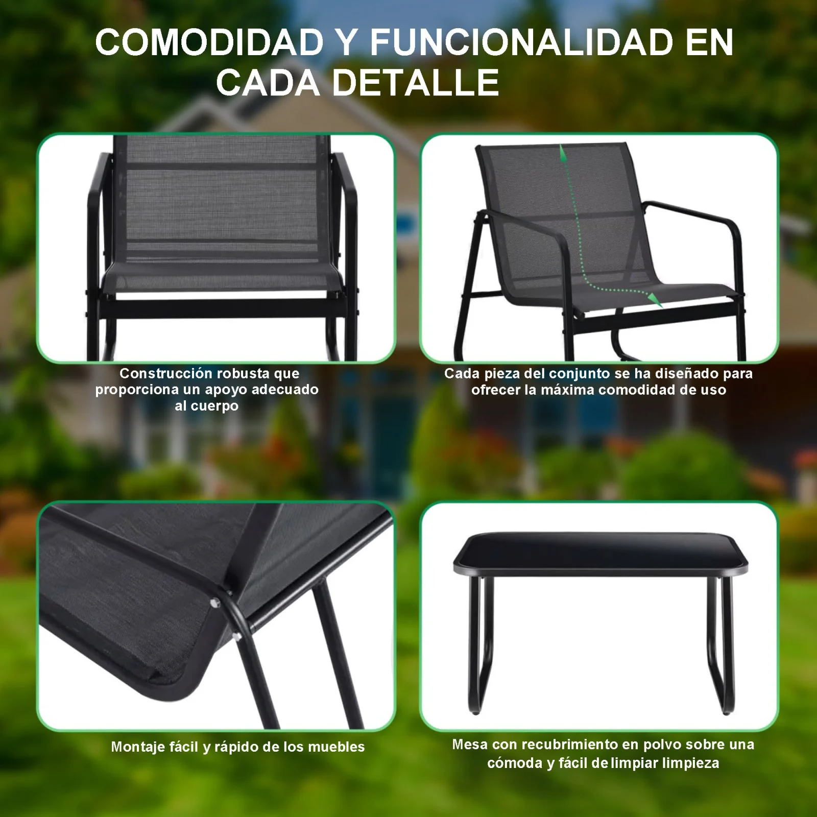 Black Forest | juego de muebles de jardín | textil dos sillas mesa reclinable mesa plegable negro