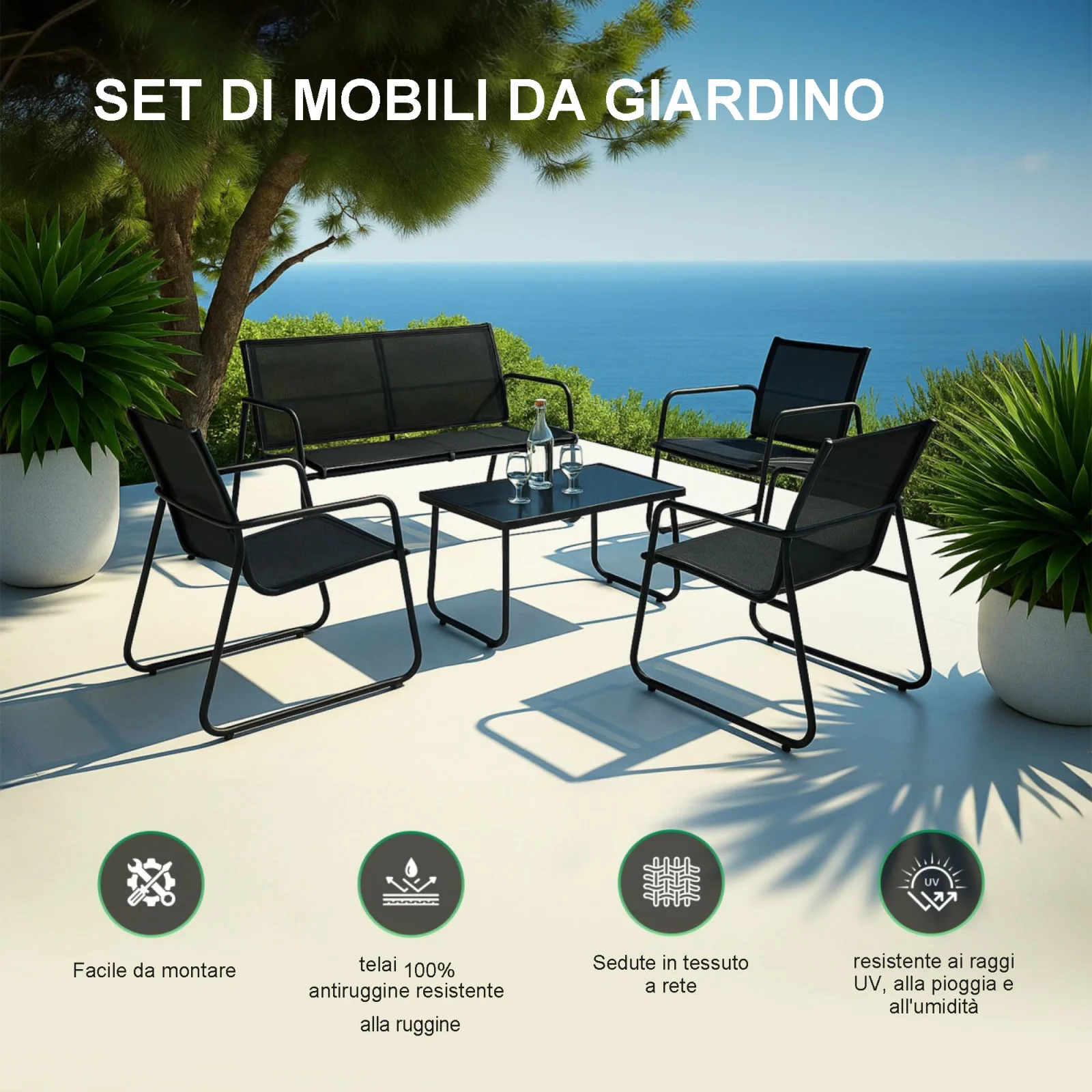 Foresta Nera | set di mobili da giardino | tessile due sedie tavolo reclinabile tavolo pieghevole nero
