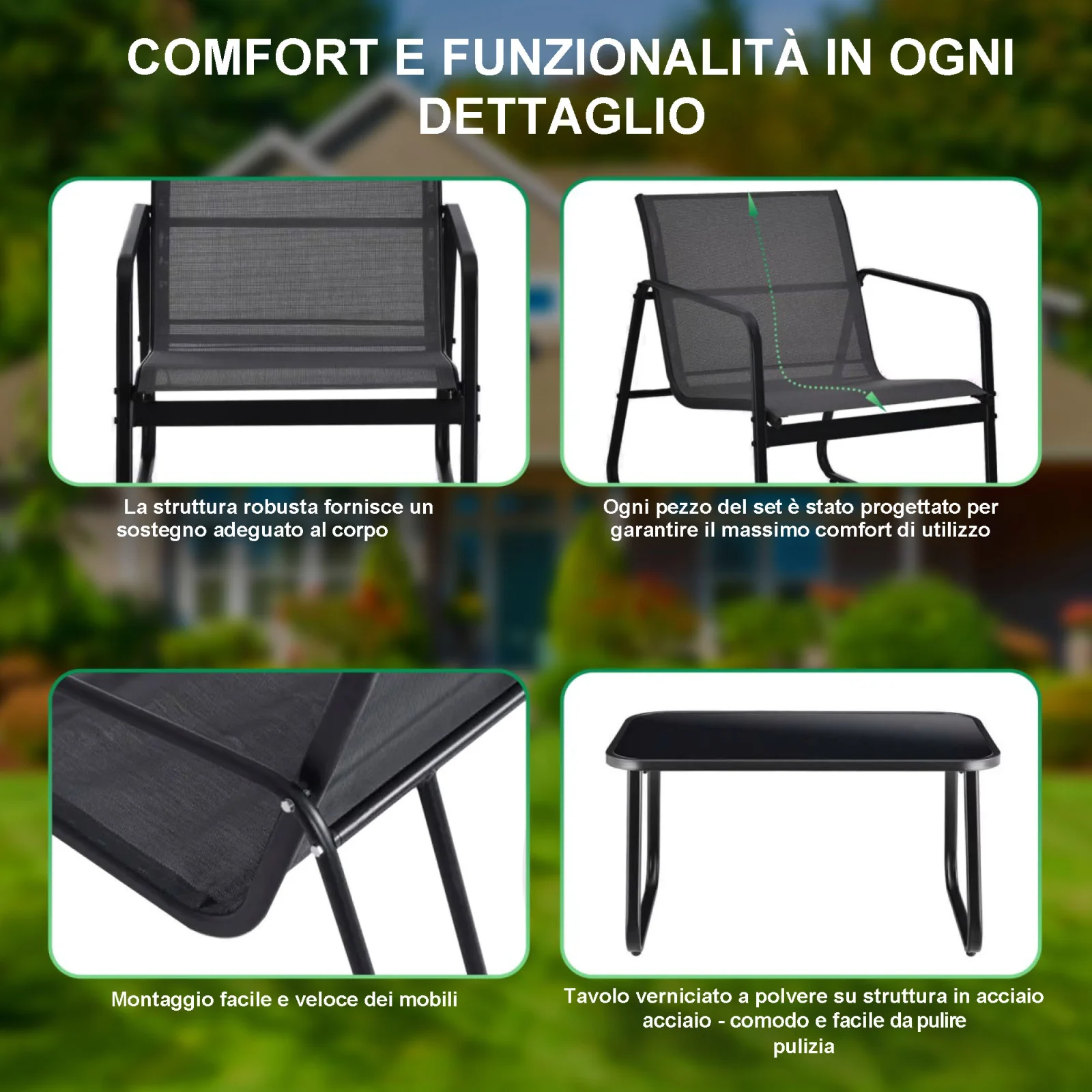 Foresta Nera | set di mobili da giardino | tessile due sedie tavolo reclinabile tavolo pieghevole nero