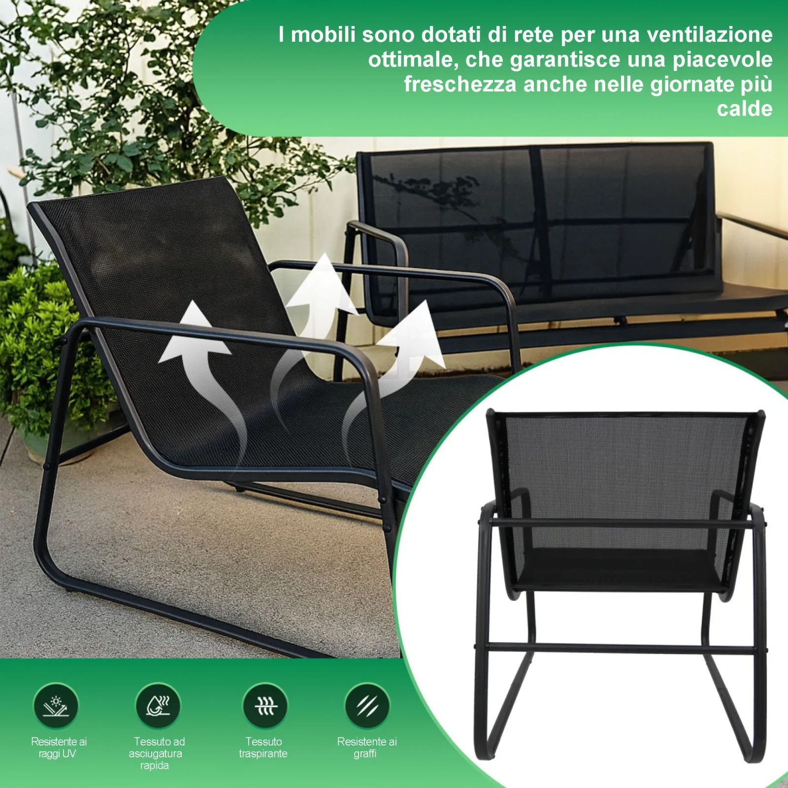 Foresta Nera | set di mobili da giardino | tessile due sedie tavolo reclinabile tavolo pieghevole nero