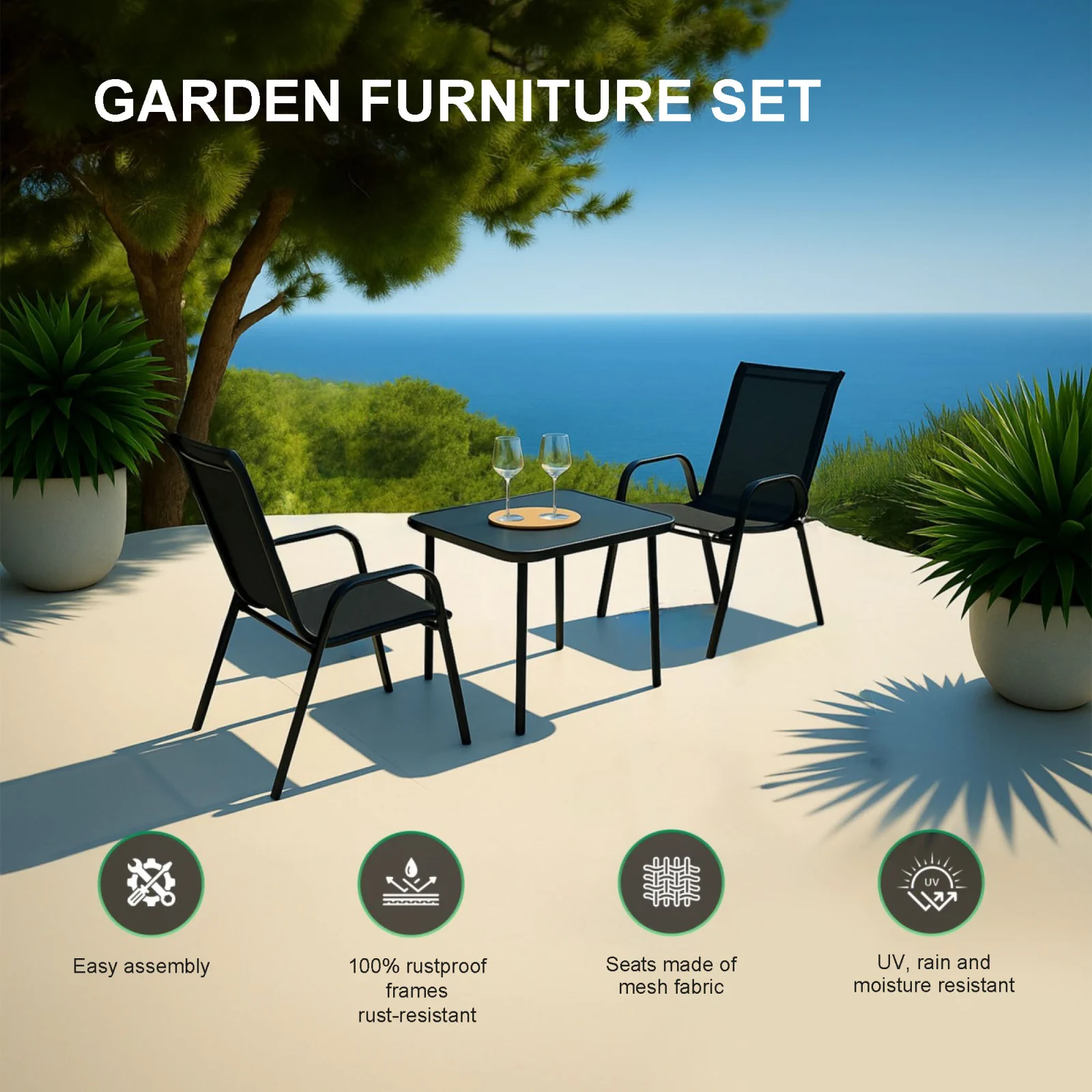 Black Forest | Klasyczny zestaw mebli ogrodowych | tekstylen dwa krzesła + stolik czarny