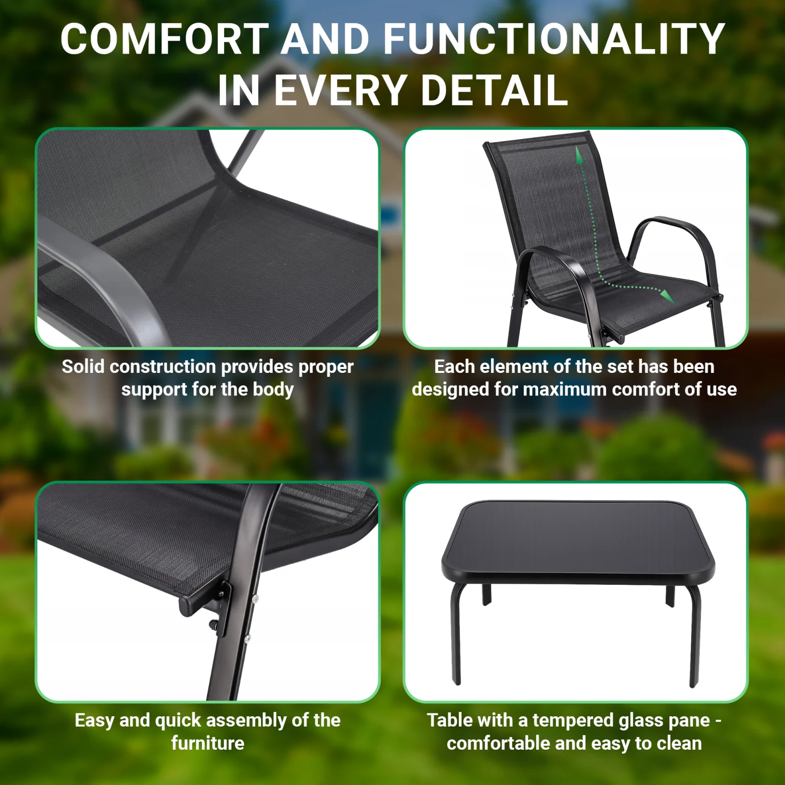 Black Forest | Klasyczny zestaw mebli ogrodowych | tekstylen dwa krzesła + stolik czarny