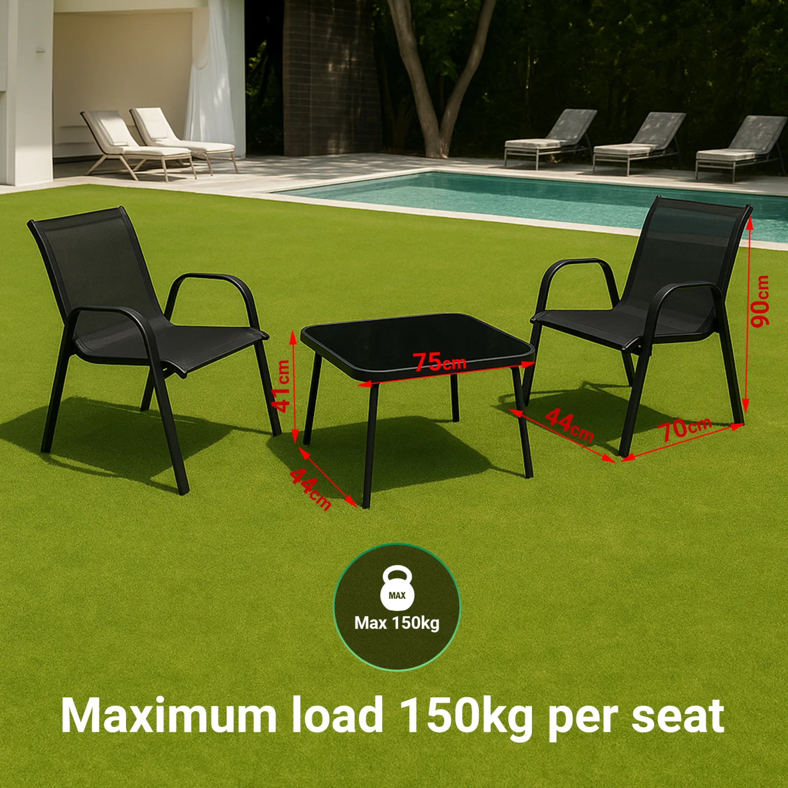 Black Forest | Klasyczny zestaw mebli ogrodowych | tekstylen dwa krzesła + stolik czarny