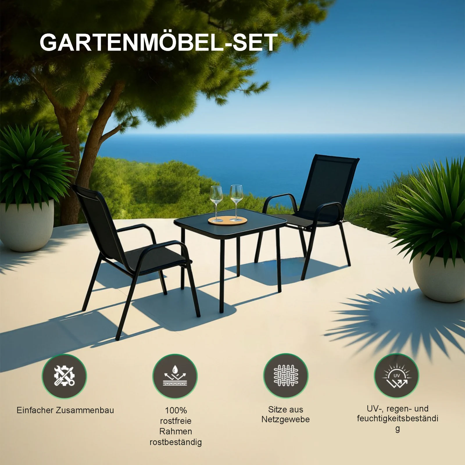 Black Forest | Klassisches Gartenm&ouml;bel-Set | Textilene zwei St&uuml;hle Tisch schwarz