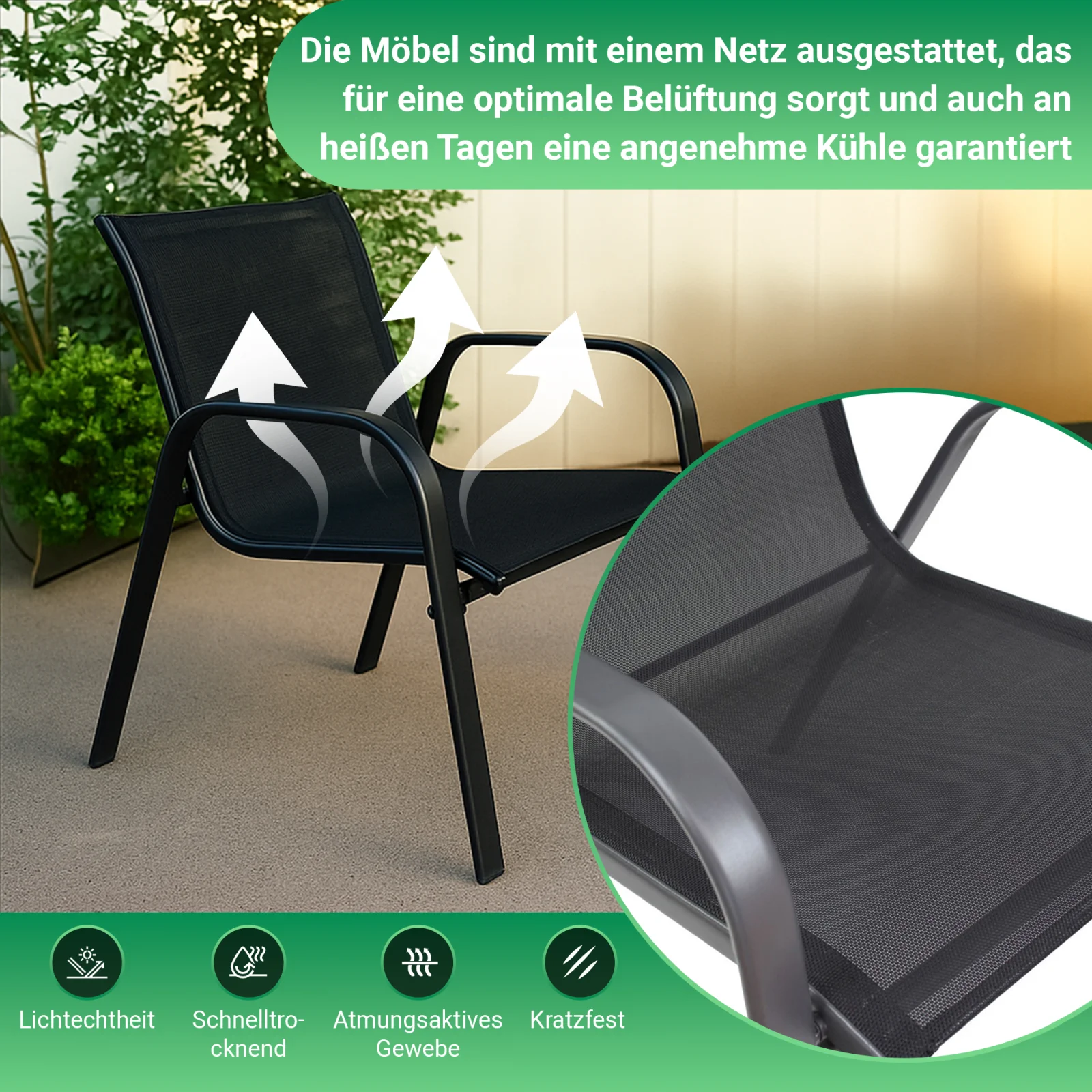 Black Forest | Klassisches Gartenm&ouml;bel-Set | Textilene zwei St&uuml;hle Tisch schwarz