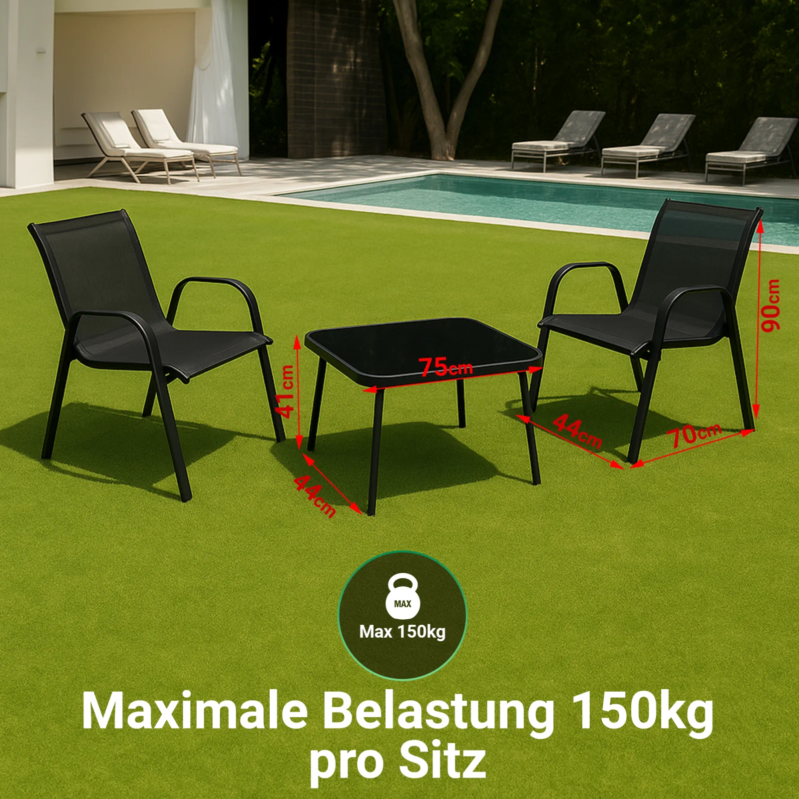 Black Forest | Klassisches Gartenm&ouml;bel-Set | Textilene zwei St&uuml;hle Tisch schwarz