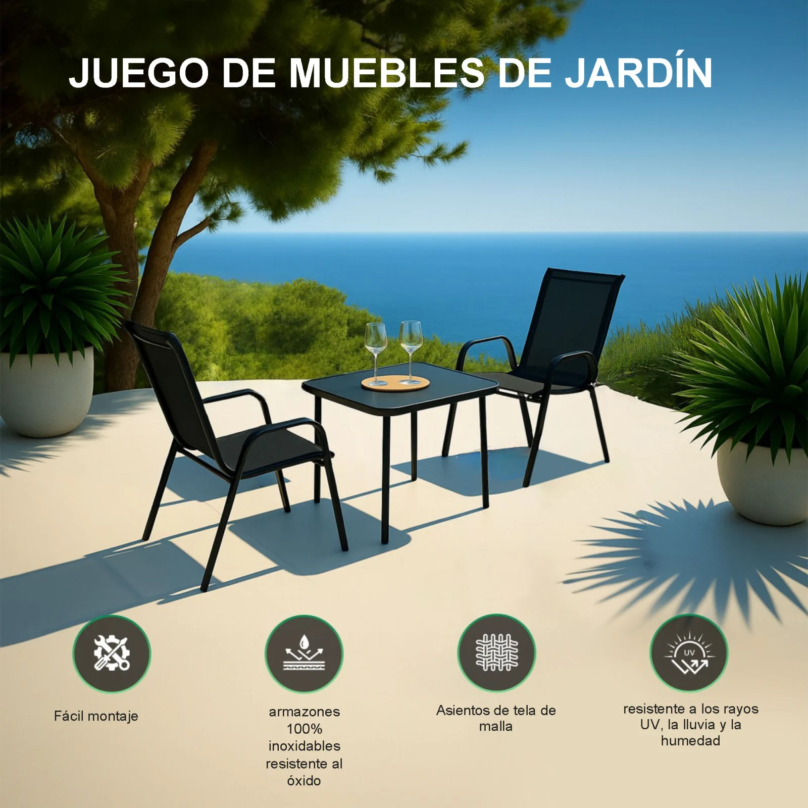 Black Forest | Juego de muebles de jard&iacute;n cl&aacute;sico | textilene dos sillas mesa negro