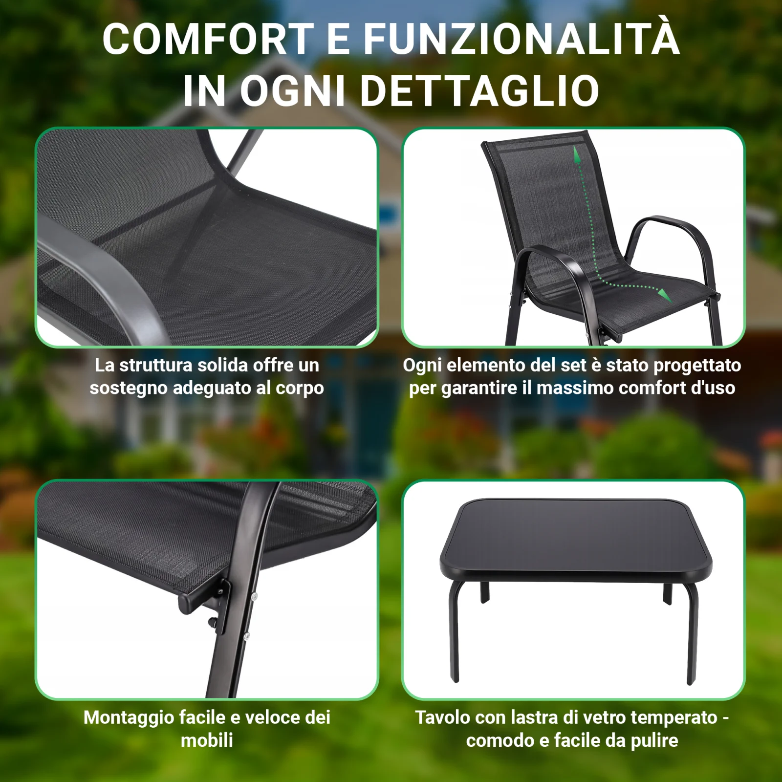 Foresta Nera | Set di mobili da giardino classici | Tavolo con due sedie in textilene nero