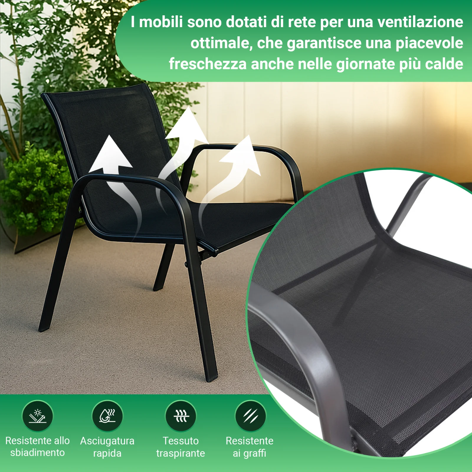 Foresta Nera | Set di mobili da giardino classici | Tavolo con due sedie in textilene nero
