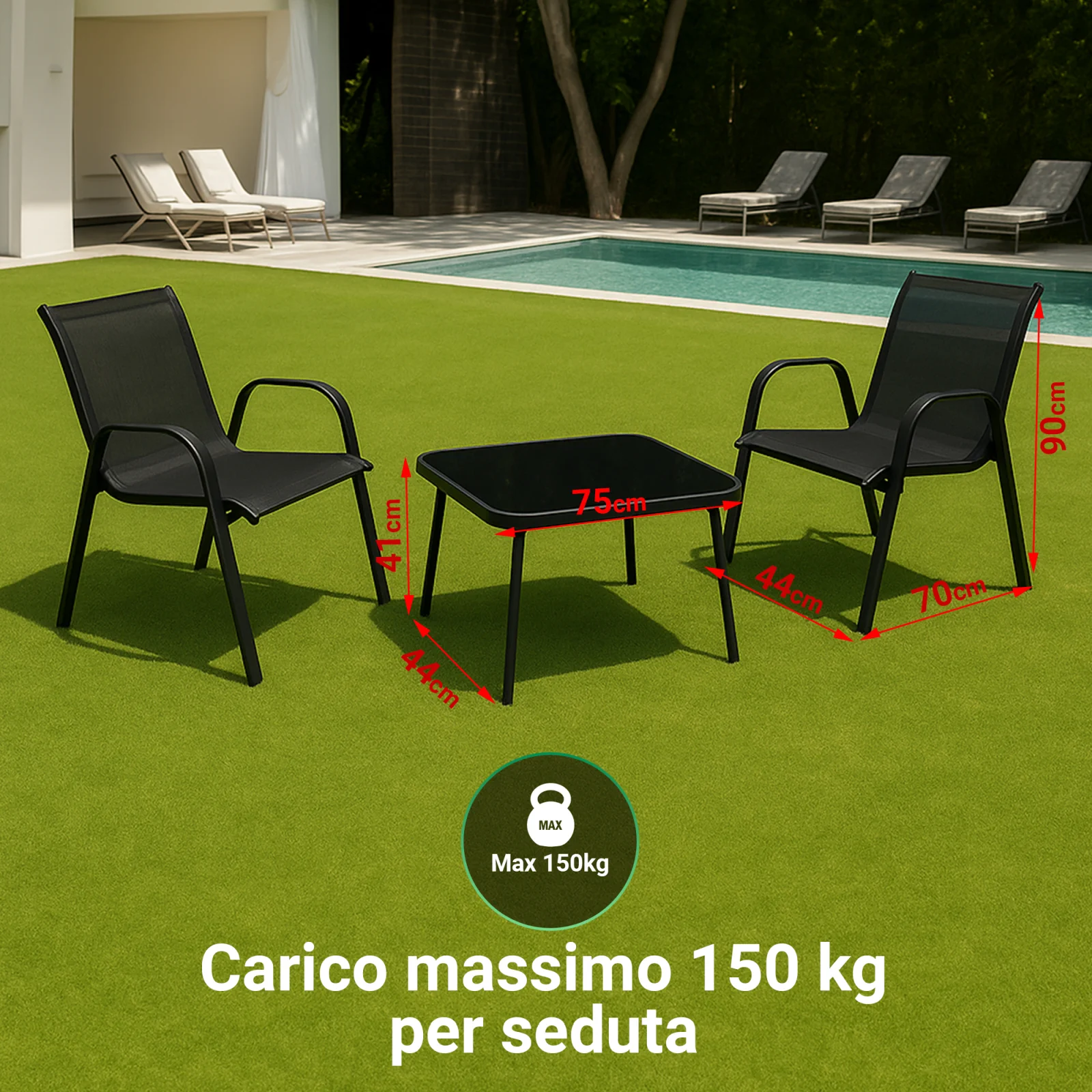 Foresta Nera | Set di mobili da giardino classici | Tavolo con due sedie in textilene nero