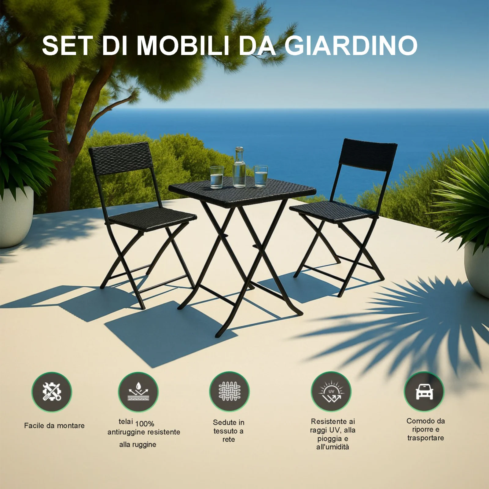 Foresta Nera | Set di mobili da giardino piccoli | Tavolo con due sedie nero