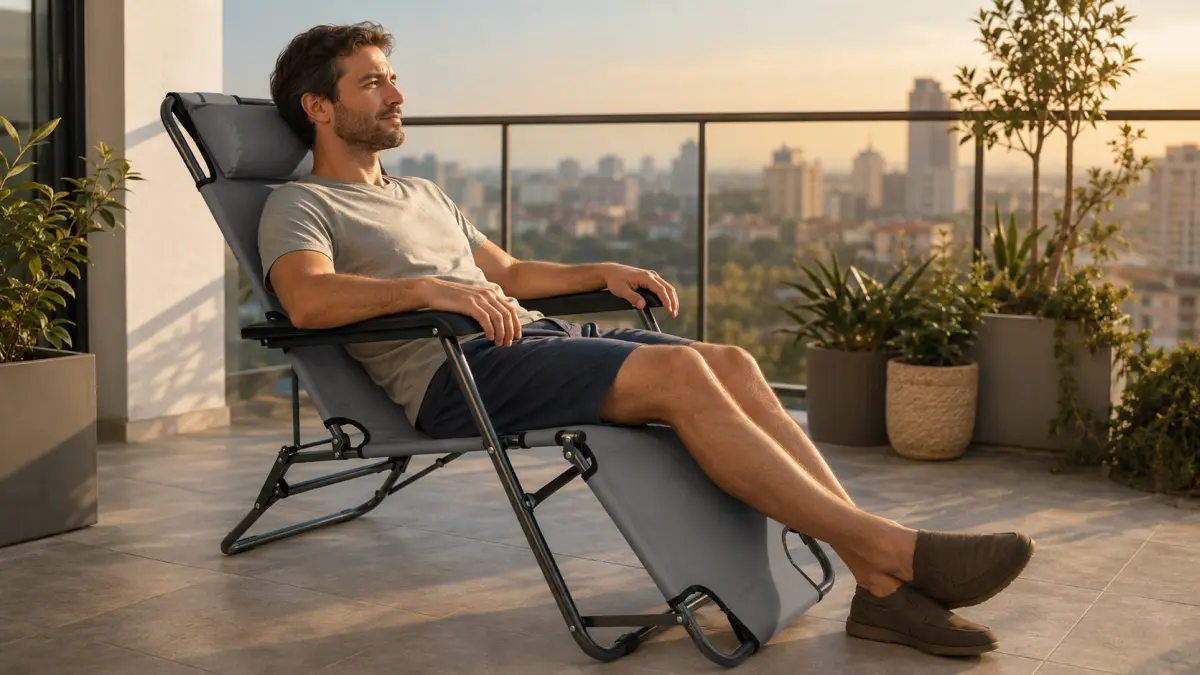 Homem a descansar numa espreguiçadeira reclinável Black Forest no terraço.
