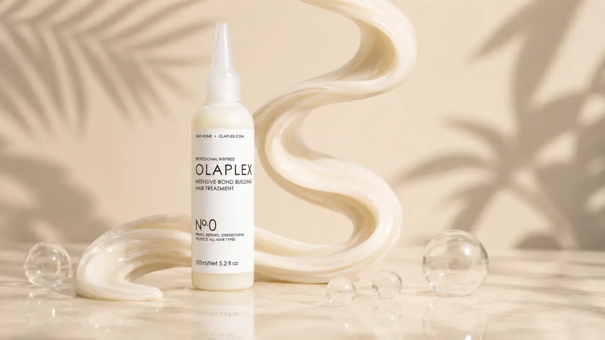 Hair product on a beige background with a wavy strand of hair and transparent spheres