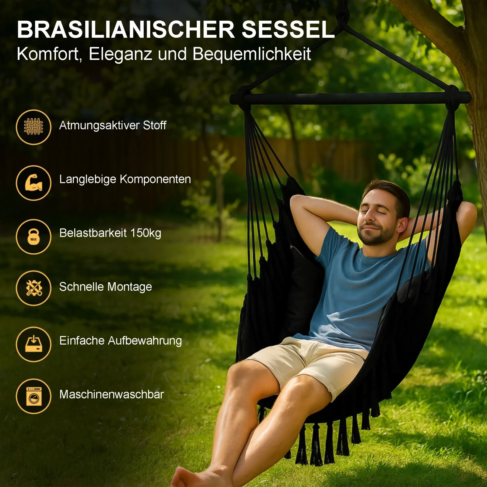 Black Forest | Hängematte | Brasilianischer Stuhl 100x130cm schwarz