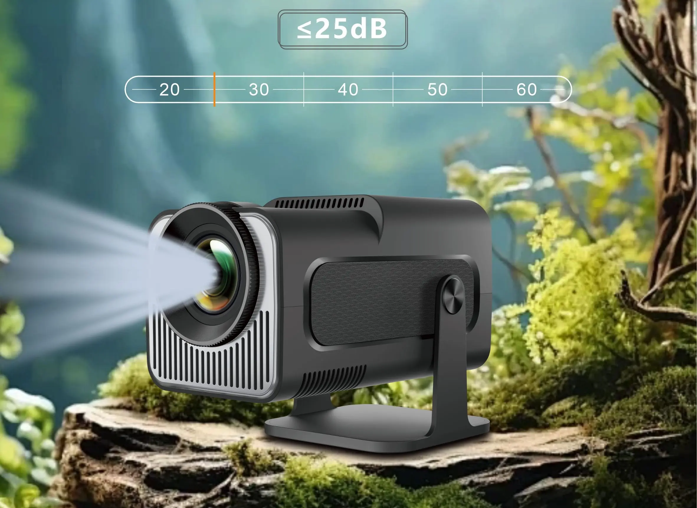 Extralink GG400X projector set against the background of nature, with visibility of the low noise function below 25dB on the display