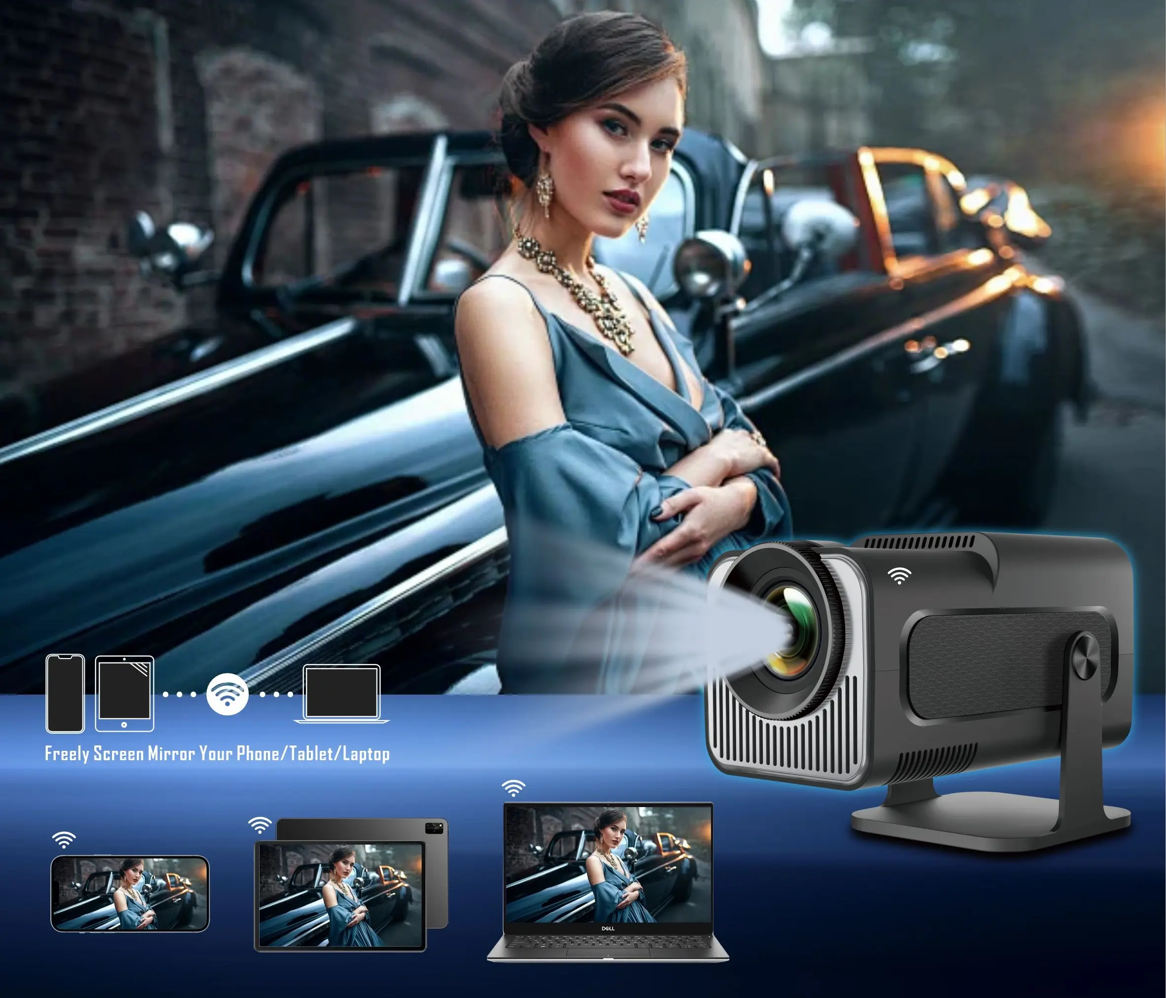 Extralink GG400X projector with wireless video playback from mobile devices (phone, tablet, laptop), shown next to a woman and a car