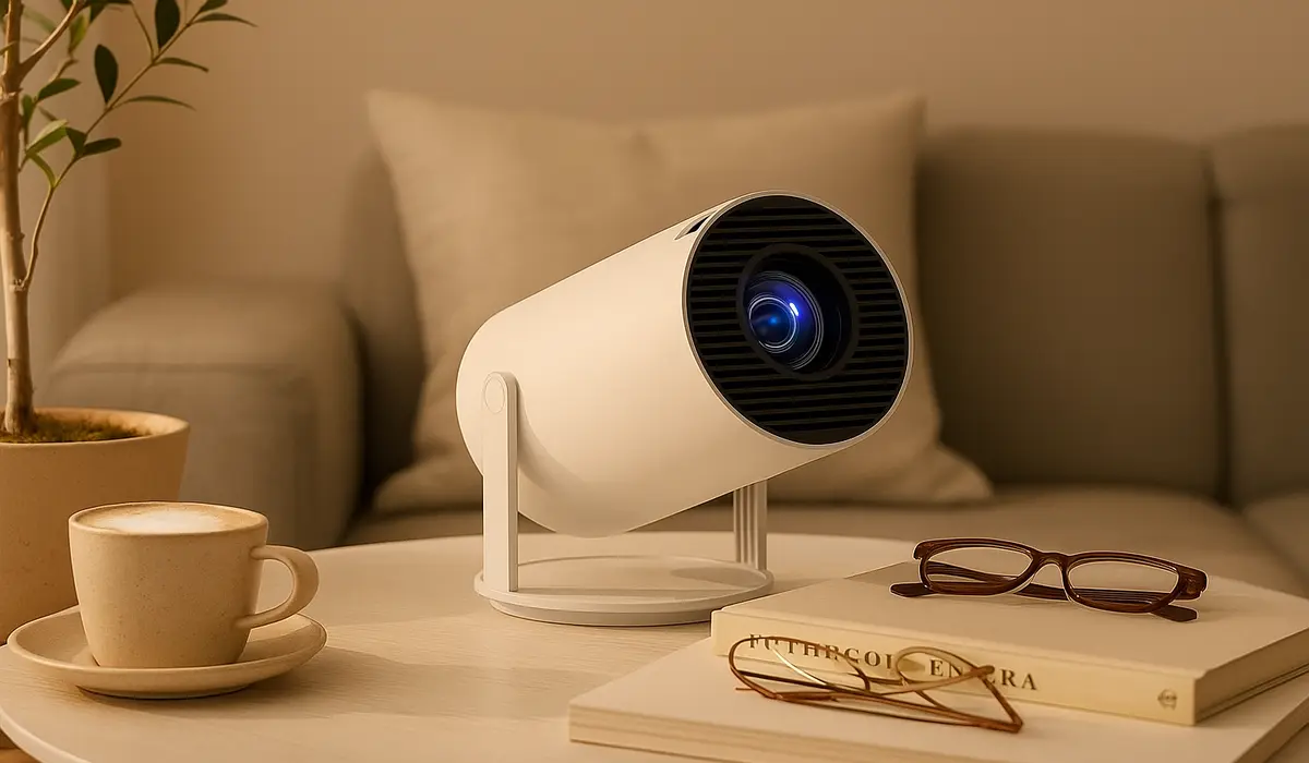 Proyector Extralink GG300S 600p sobre una mesa, con una taza de café, un libro y unas gafas, sobre un fondo de mullidos cojines en el sofá.