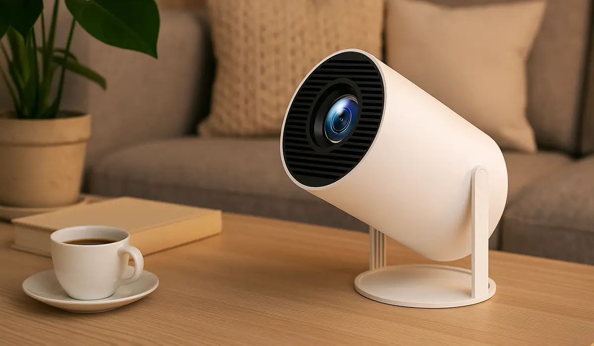 Un proyector Extralink GG300S 600p colocado sobre una mesa en el salón, con una taza de café al lado, sobre un fondo de mullidos cojines en el sofá.