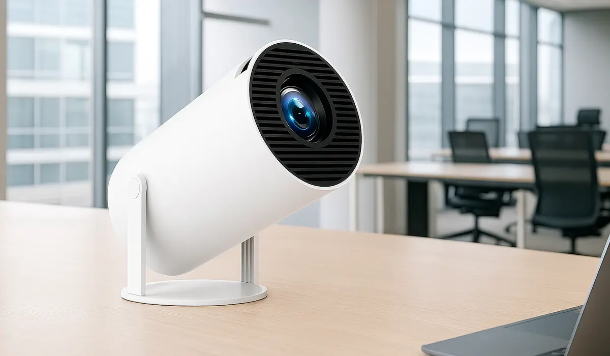 Proyector Extralink GG300S 600p instalado sobre una mesa en la oficina, con una vista de la moderna oficina al fondo