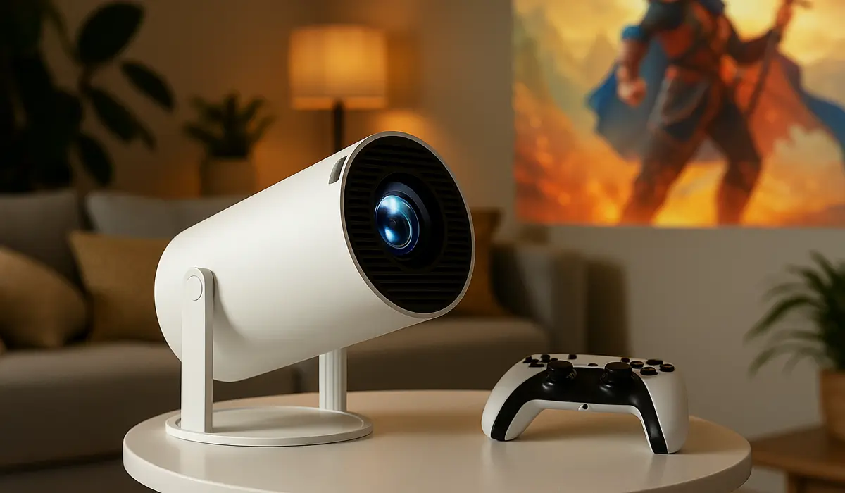 Proyector de sobremesa Extralink GG300S 600p con mando de juego y pantalla en la que se proyecta el juego de acción