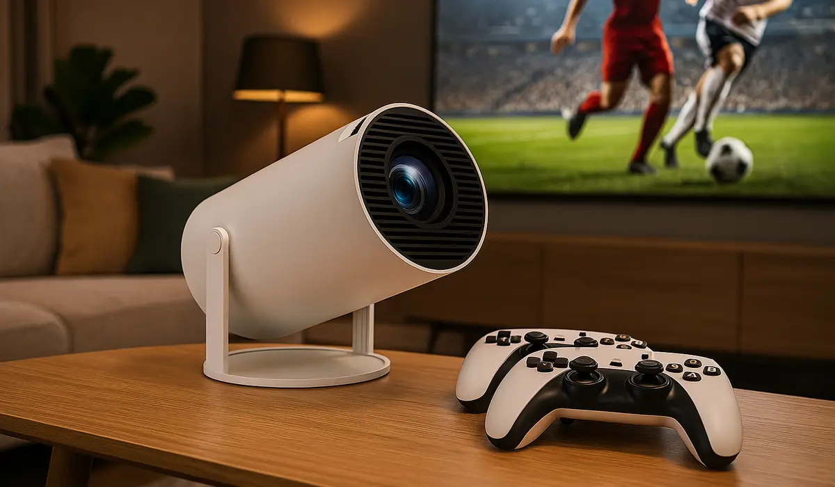 Proyector Extralink GG300S 600p colocado junto a los mandos de juego sobre la mesa, con vistas a la pantalla en la que se proyecta el partido de fútbol.