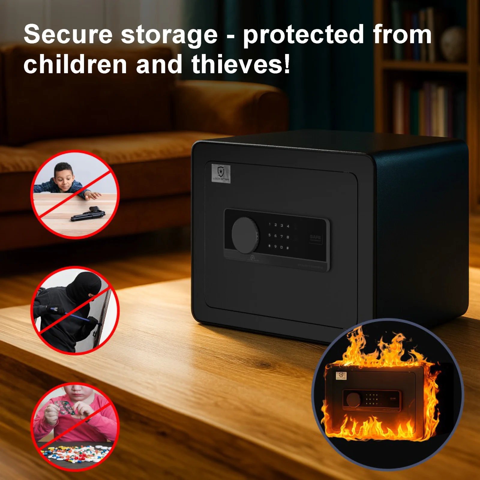 Sejf ochronny przed dziećmi i złodziejami, odporny na ogień.