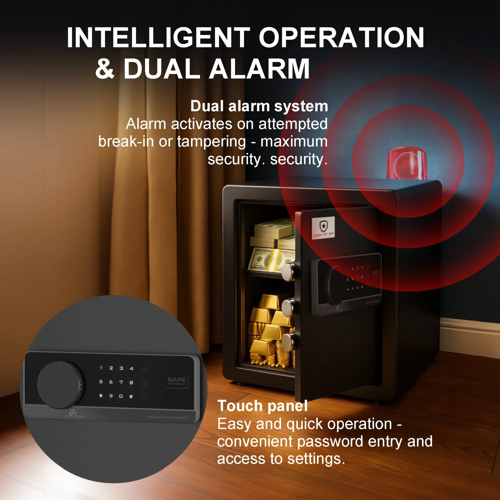 Sejf elektroniczny z panelem dotykowym i systemem alarmowym, pokazujący alarm włączający się przy próbie manipulacji