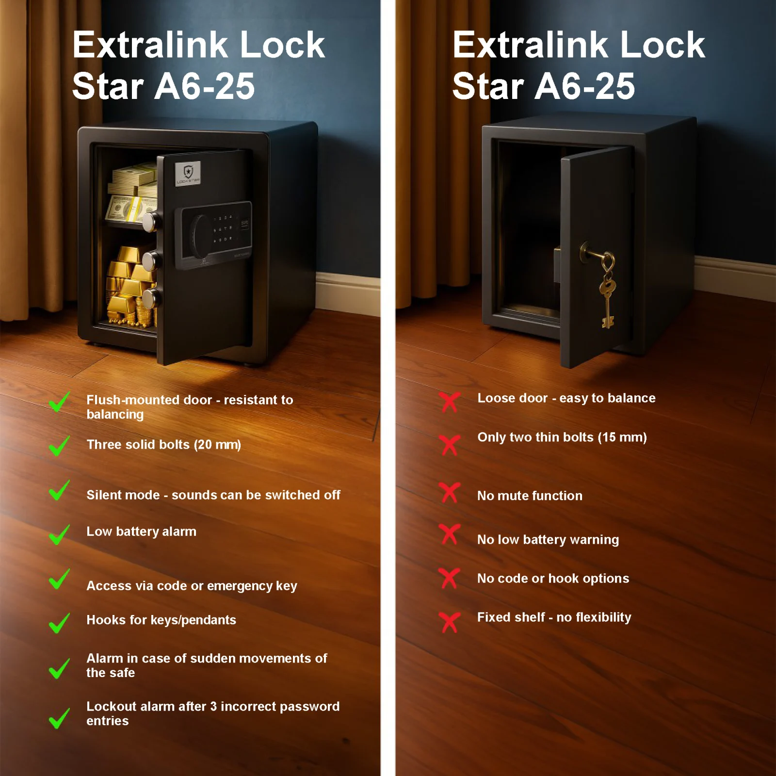 Porównanie dwóch sejfów – Extralink Lock Star A6-25 po lewej stronie i zwykłego