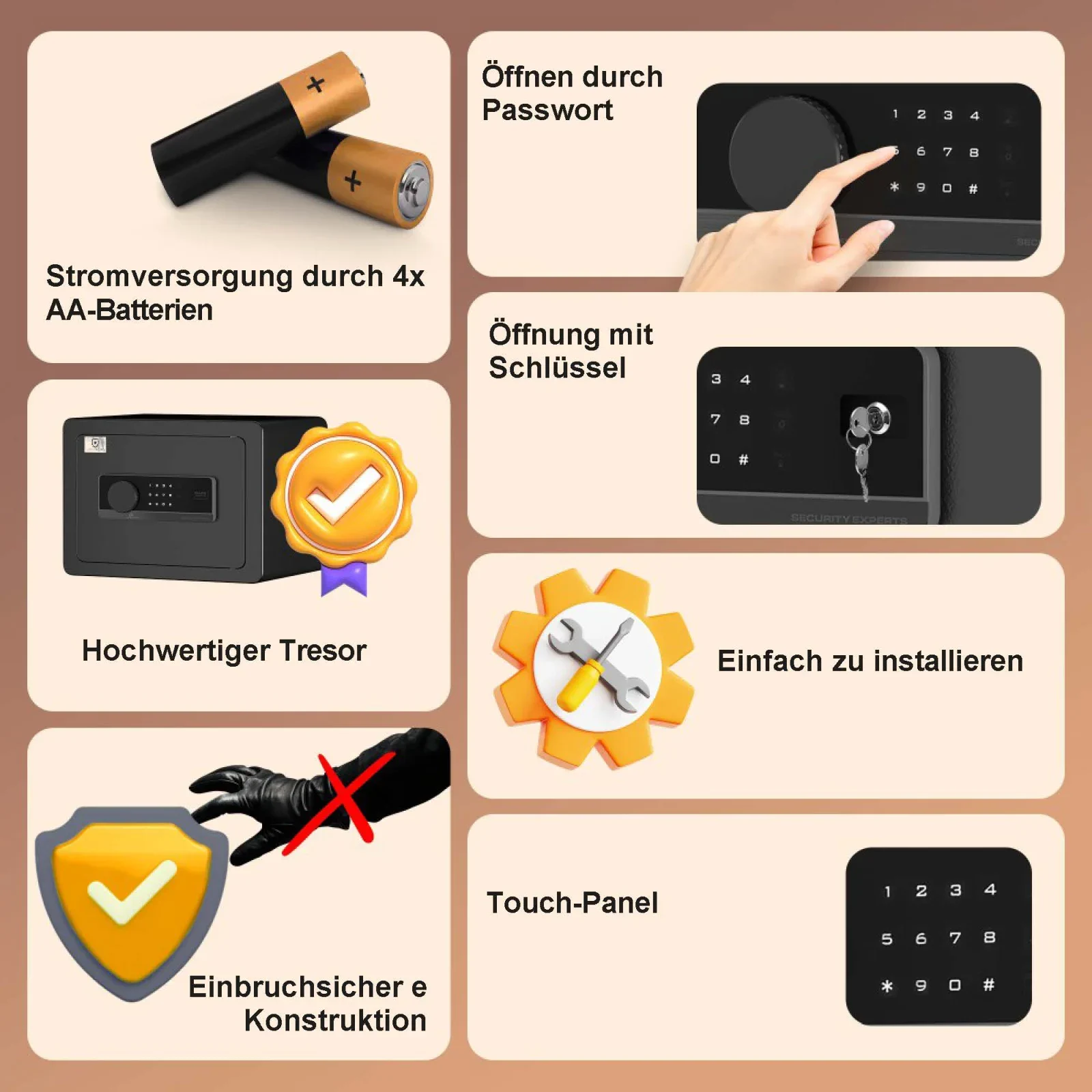 Tresor mit folgenden Merkmalen: AA-Batteriebetrieb, Passwort- und Schl&uuml;ssel&ouml;ffnung, einfache Installation und einbruchsicheres Design
