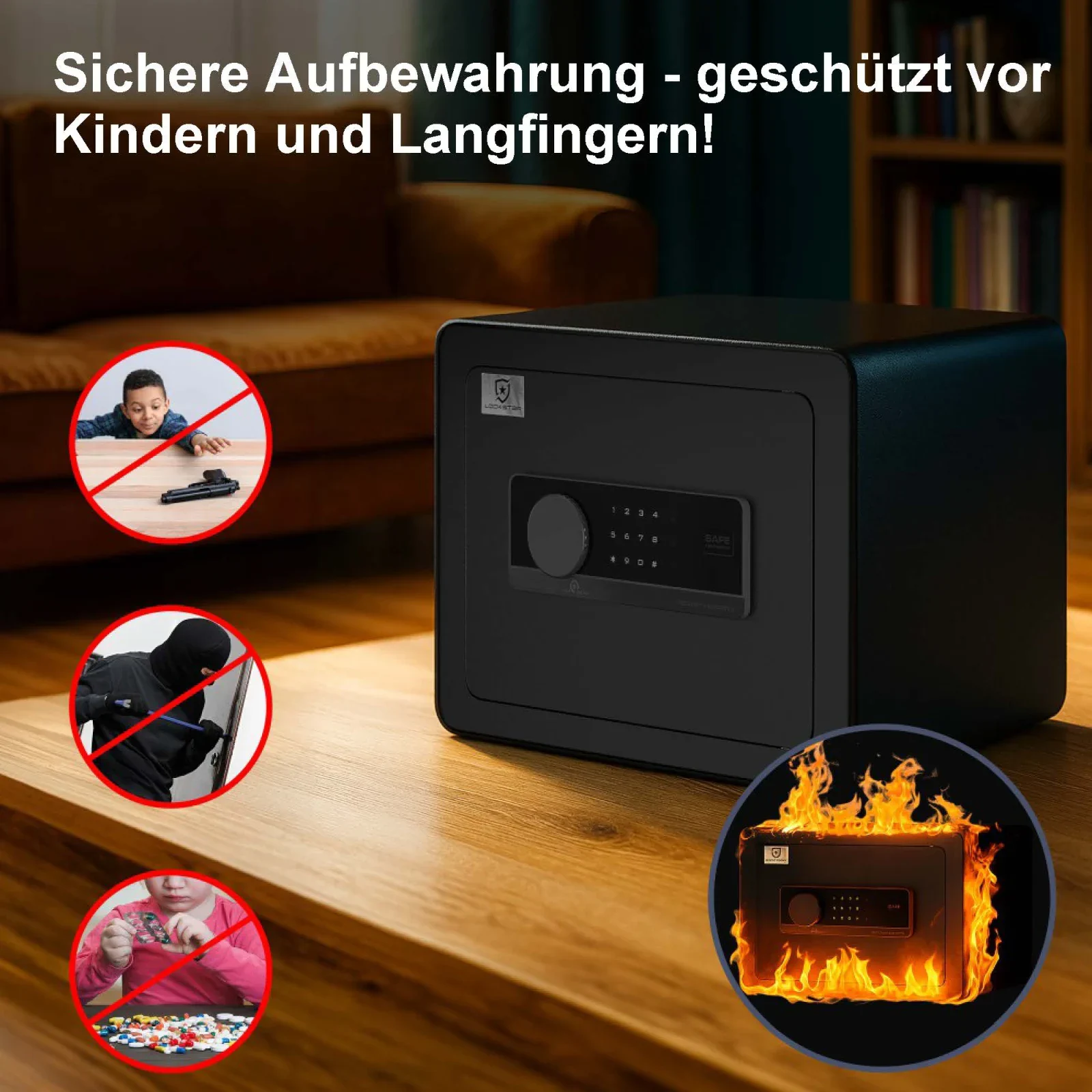 Kinder- und diebstahlsicherer, feuerfester Safe.