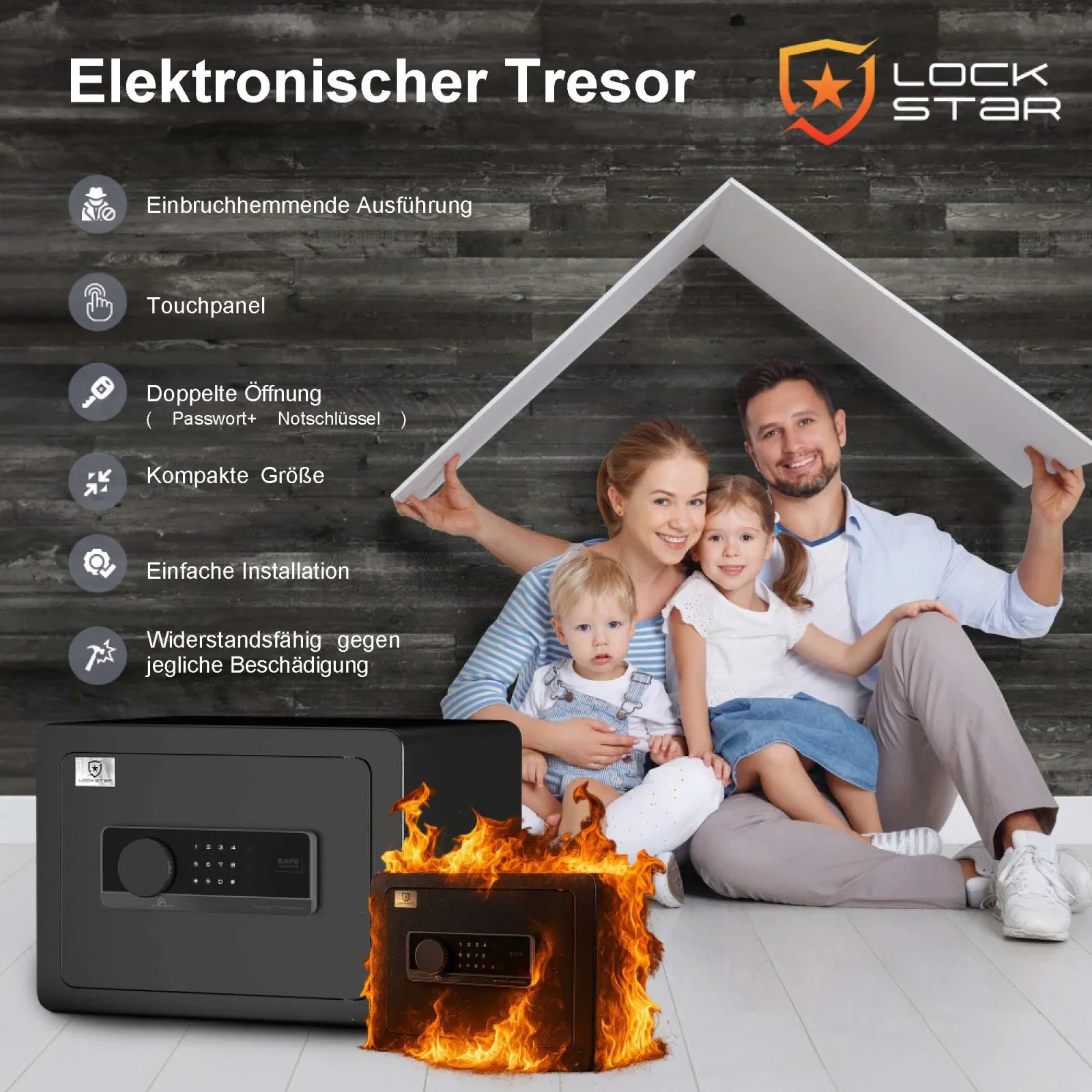 Tresor mit einbruchsicherer Konstruktion, Touchpanel, doppelter &Ouml;ffnung und Besch&auml;digungsschutz
