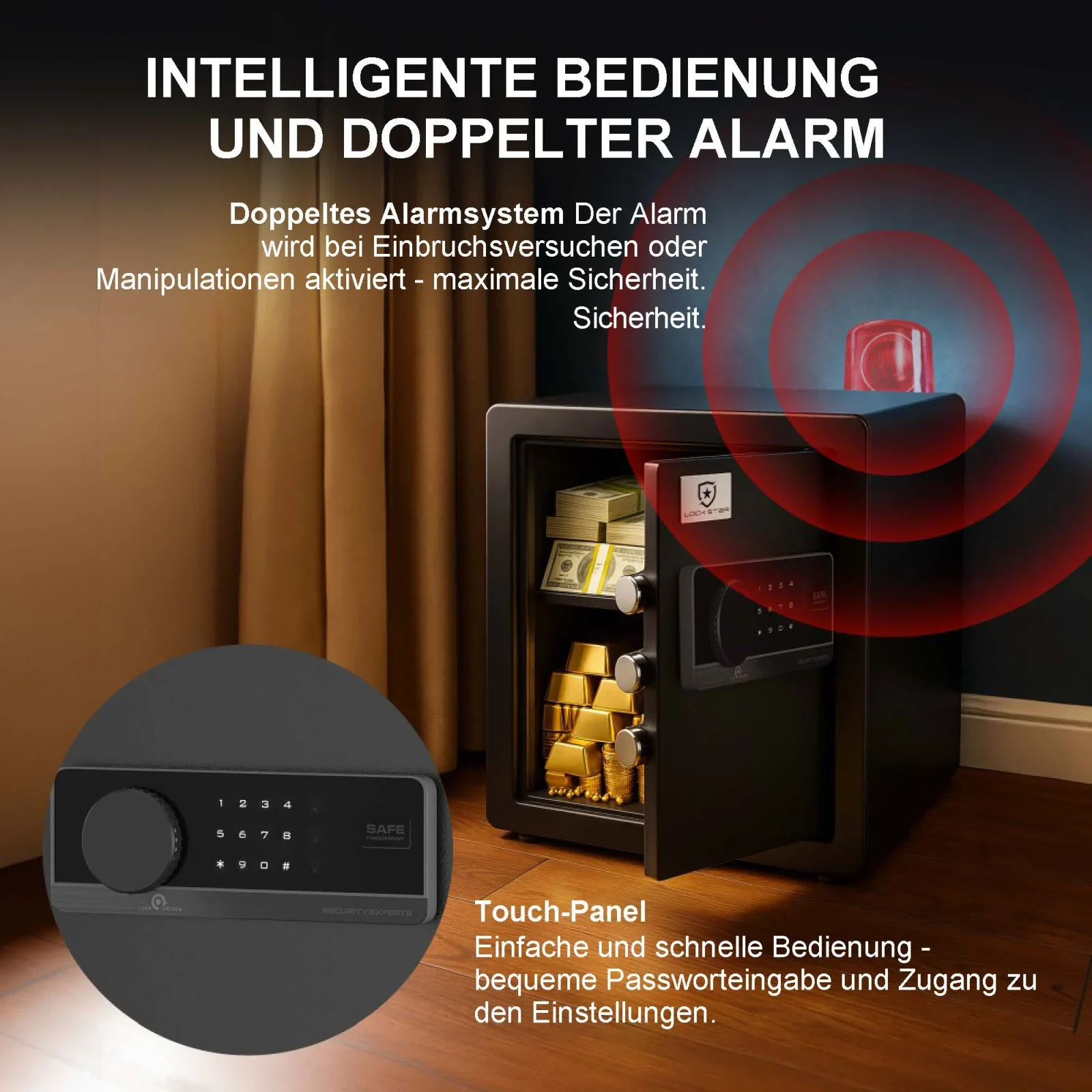 Elektronischer Tresor mit Touchpanel und Alarmsystem, das bei Manipulationsversuchen Alarm schl&auml;gt