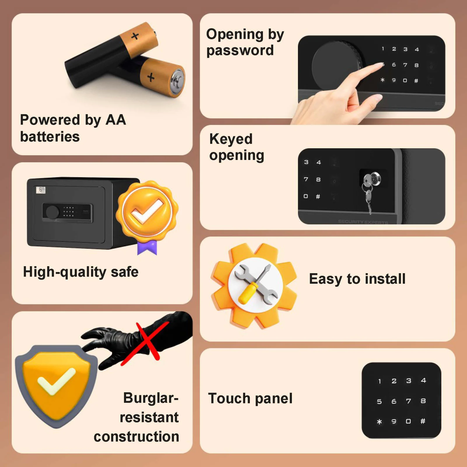 Safe with password or key opening options, easy installation and battery powered