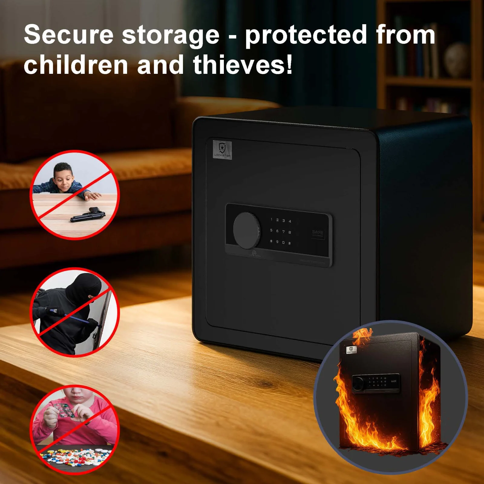 Safe to protect against children and thieves, with fire protection capability