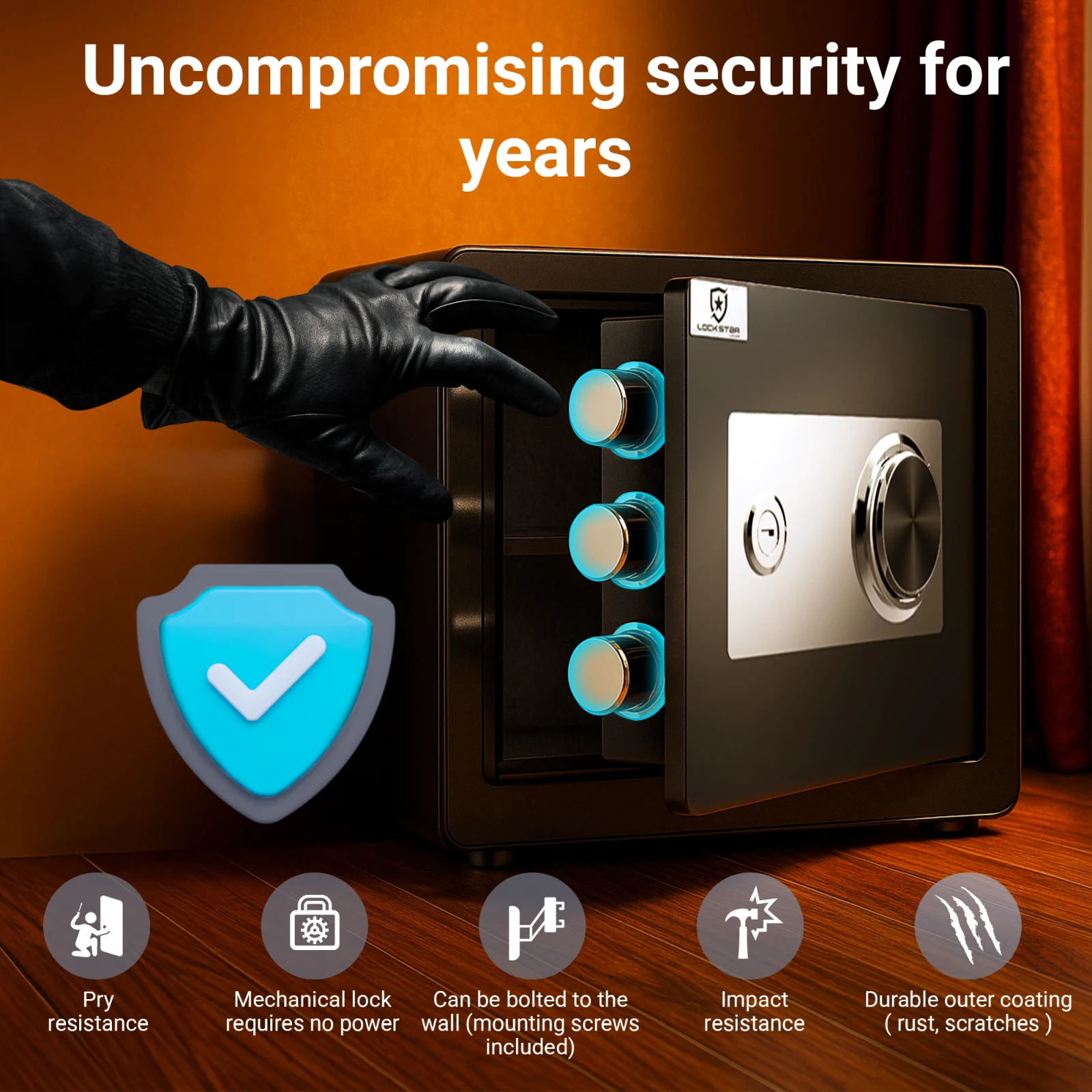 Balance-proof safe with wall-mounting capability and resistant outer shell