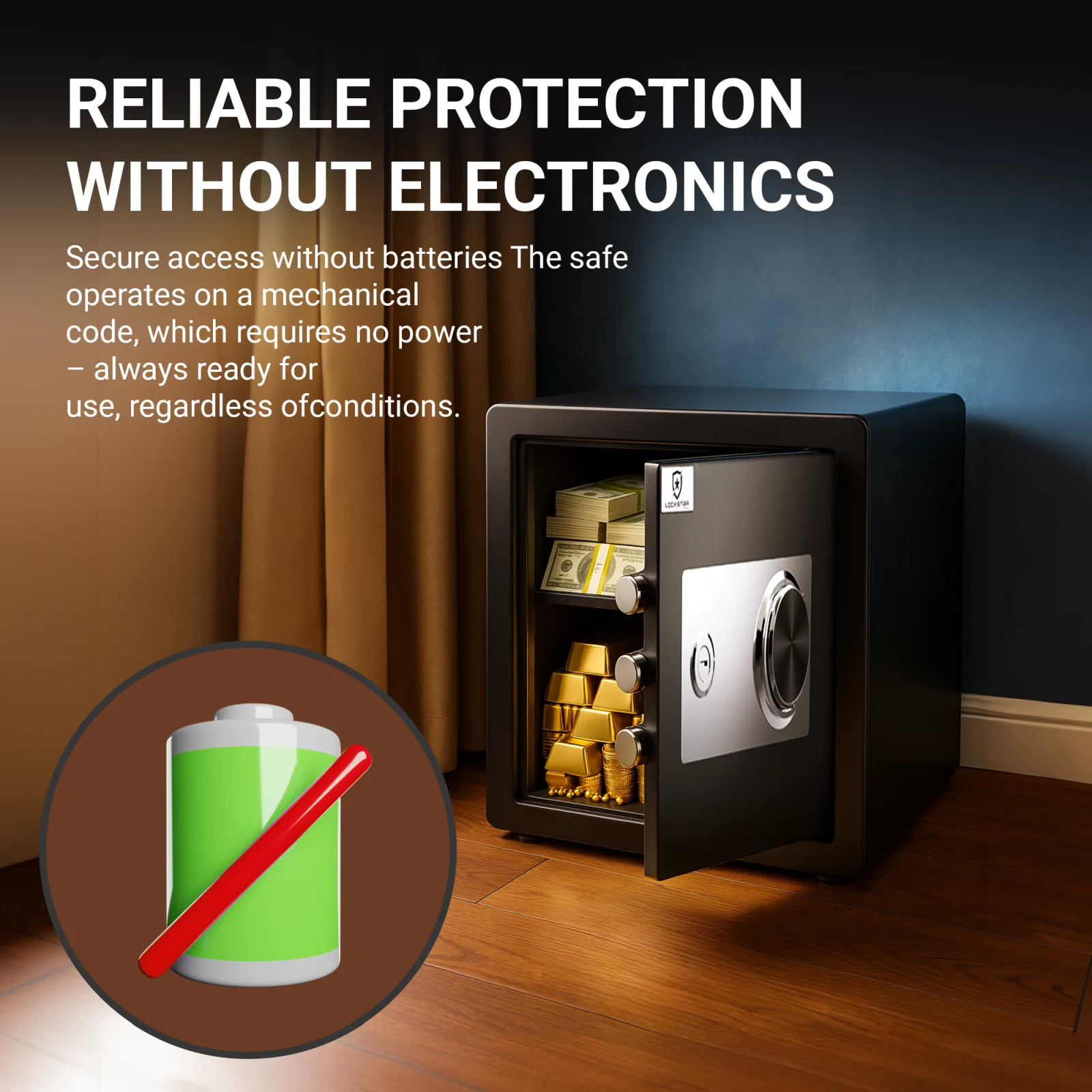 Safe with mechanical combination, no power required, ready to use at any time