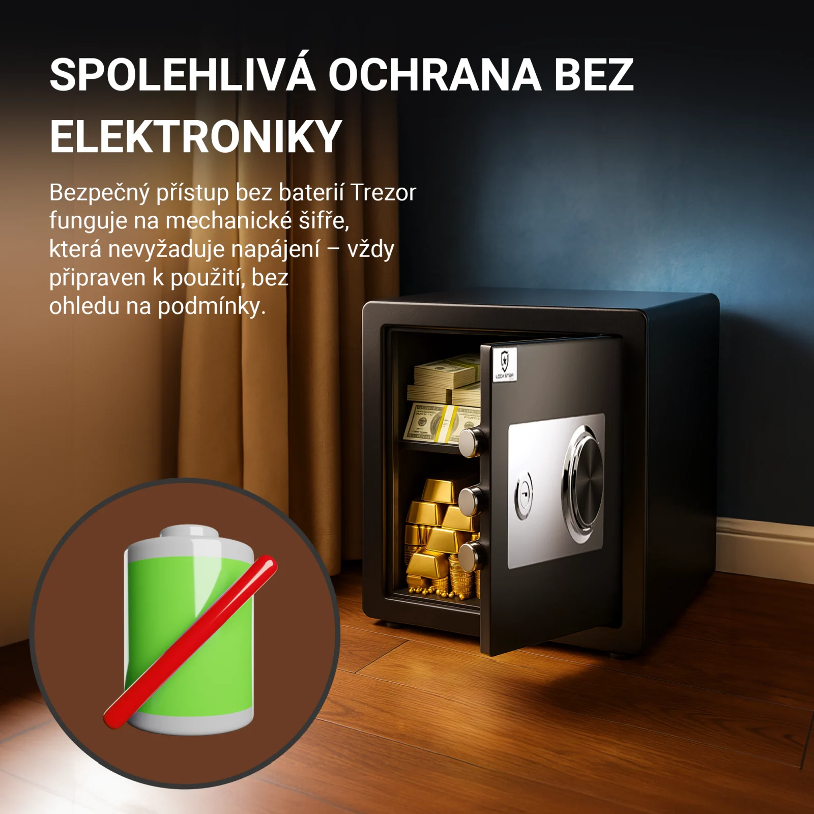 Trezor s mechanickou šifrou, bez nutnosti napájení, kdykoli připraven k použití