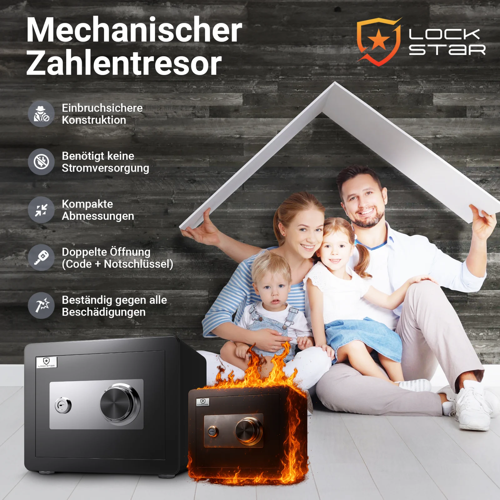Tresor mit einbruchsicherer Konstruktion, der gegen Beschädigungen resistent ist und eine doppelte Öffnung erfordert