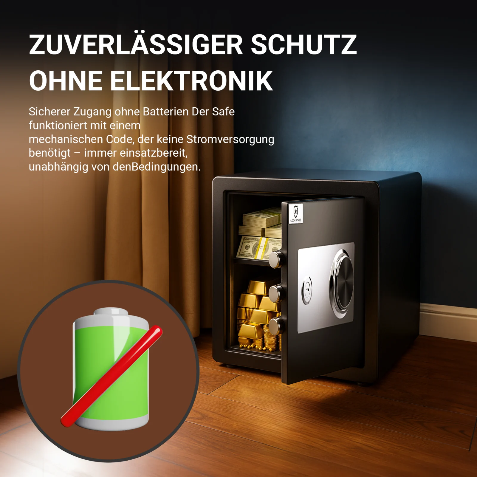Tresor mit mechanischer Chiffre, kein Strom erforderlich, jederzeit einsatzbereit