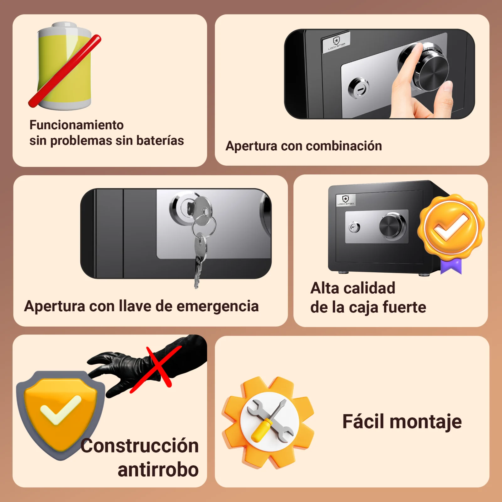 Caja fuerte con apertura mecánica, fácil de instalar y sin pilas