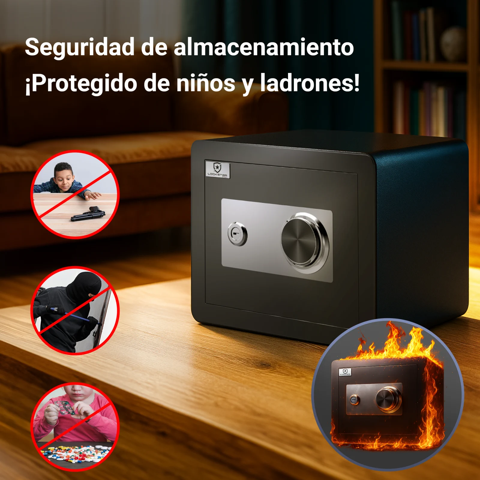 Caja fuerte a prueba de niños, robos e incendios