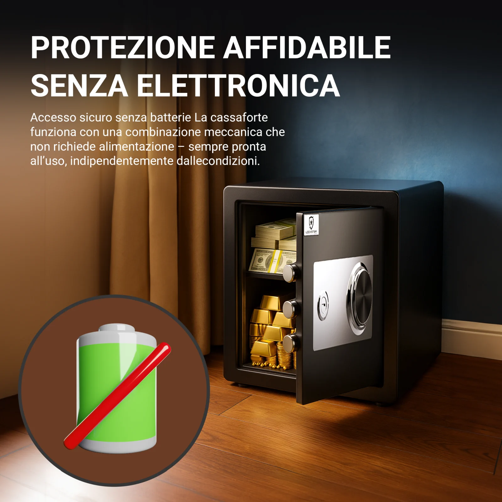 Cassaforte con cifratura meccanica, non richiede alimentazione, pronta all'uso in qualsiasi momento